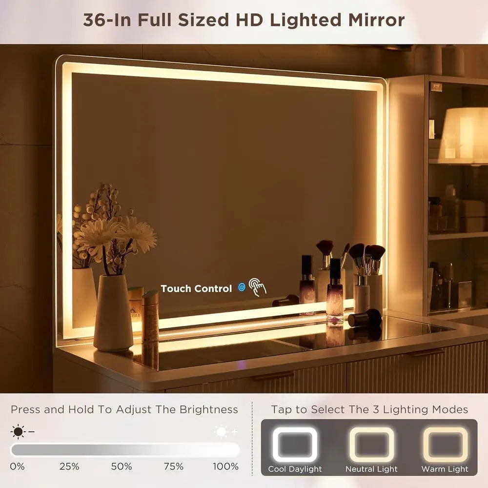 T4TREAM luted Makeup Vanity Desk with 36" HD Lighted Mirror, 48" Big ern Vanity Desk with Mirror and Lights, Dring Table with 5