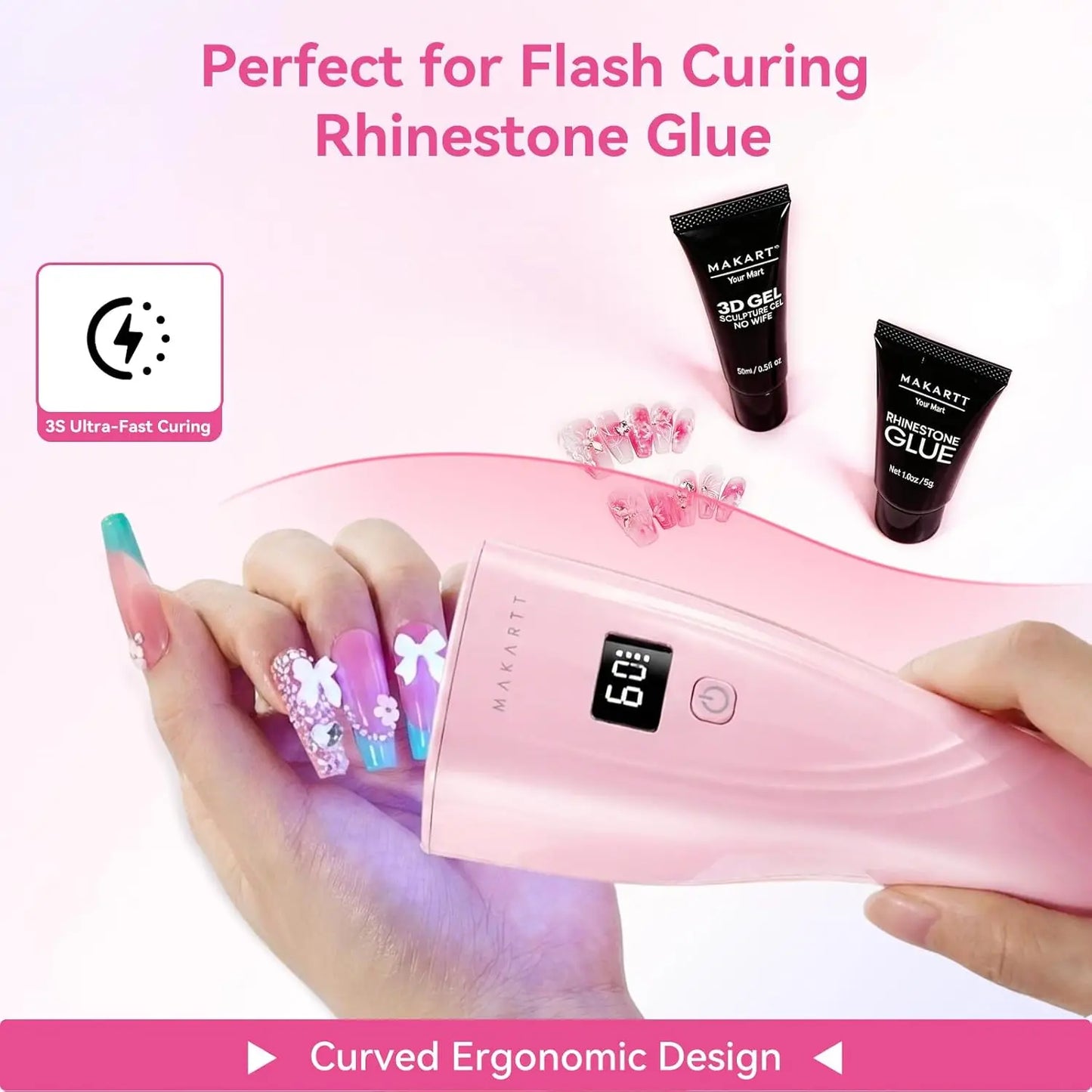 Makartt Flash Cure UV Nail Lamp 3S Pre-Curing Portable Cordless UV LED Nail Light 222mW/cm² Rhinestone Glue Poly Gel Rechargeabl