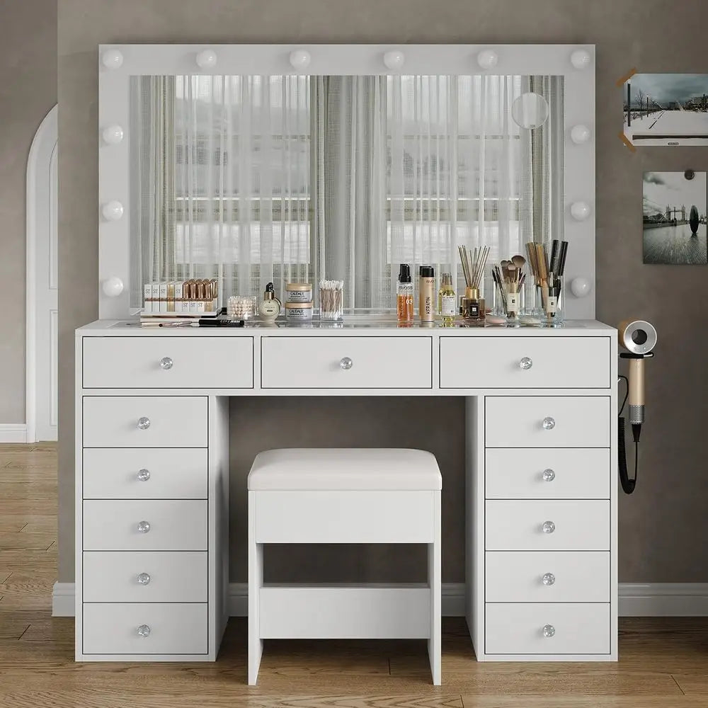 USOU 13 Ders Vanity Desk, 47''W Makeup Vanity with Power Outlet, Vanity Table with Mirror and 12 LED Bulbs, 3 Color Lighting es,