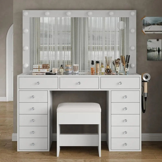 USOU 13 Ders Vanity Desk, 47''W Makeup Vanity with Power Outlet, Vanity Table with Mirror and 12 LED Bulbs, 3 Color Lighting es,