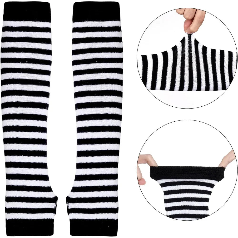Tongcloud Women Striped Knit Thigh High Over Knee Socks Set, Stretchy Long Arm Warmers Fingerless Gloves, Soft Cotton Blend Costume Accessories for Halloween Cosplay Party Daily Outfit