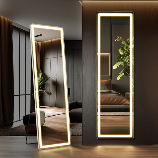 JHK Full Length 60"x16" Led Dimming Mirror 3 Color Lighting Aluminum Alloy Frame Standing Hanging Floor Mirrors For Living Room