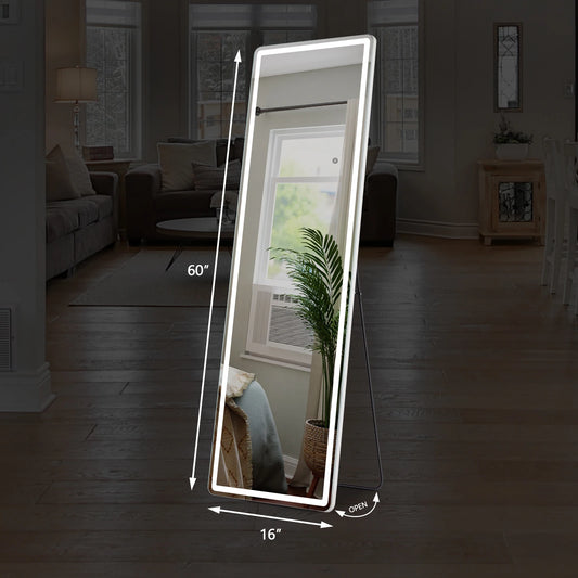 JHK Full Length 60"x16" Led Dimming Mirror 3 Color Lighting Aluminum Alloy Frame Standing Hanging Floor Mirrors For Living Room