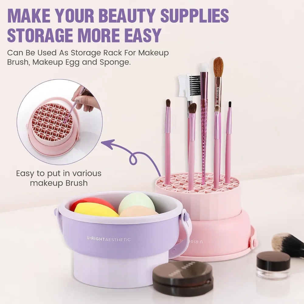 3 in 1 Silicone Makeup Brush Cleaner Mat with Washing Bowl Cosmetic Brushes Cleaning Tool Organizer for Storage and Drying Rack Khaki Color