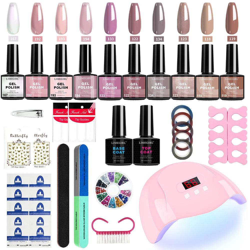 LIMEGIRL Nail Gel Polish Kit 10PCS Glitter Art Gel with Base Coat Top Coat and Quick Drying UV Lamp for Manicure Salon Supplies Tools
