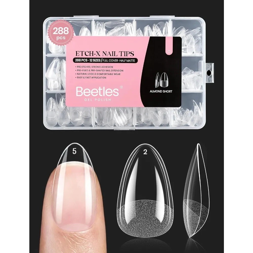 Pre-Etched Short Almond Soft Gel Nail Tips 288pcs Full Cover Acrylic Fake Nails Easy DIY Extension Press On Nails Salon Quality Nail Art Supplies 12 Sizes Gift for Women