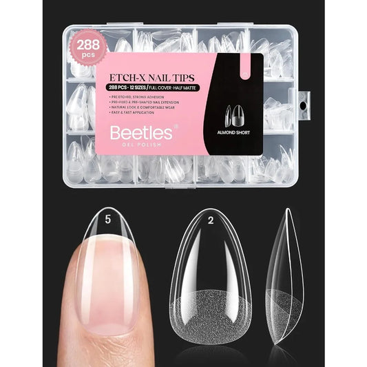 Pre-Etched Short Almond Soft Gel Nail Tips 288pcs Full Cover Acrylic Fake Nails Easy DIY Extension Press On Nails Salon Quality Nail Art Supplies 12 Sizes Gift for Women