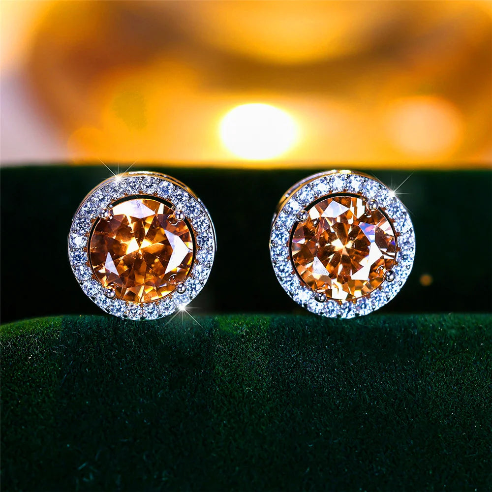 Luxury Female Crystal Purple Blue Green Round Stud Earrings Silver Color Wedding Jewelry For Women