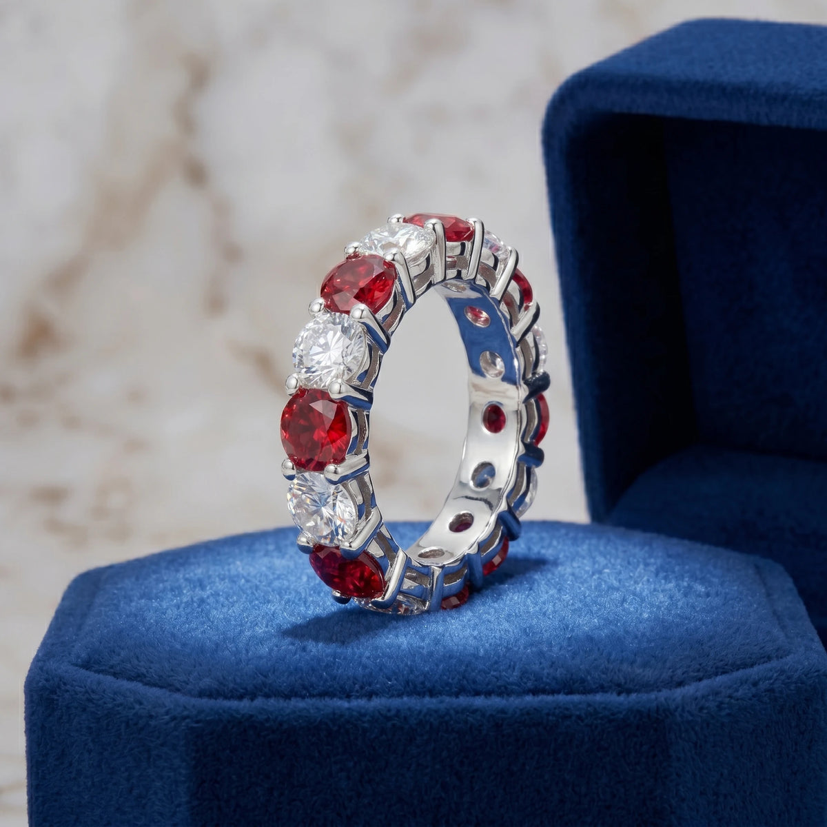 Moissanite Ring, 925 Sterling Silver, Lab Ruby & Moissanite Mixed, Full Pave, Jewelry Gift, Women's, Pass Diamond Tester