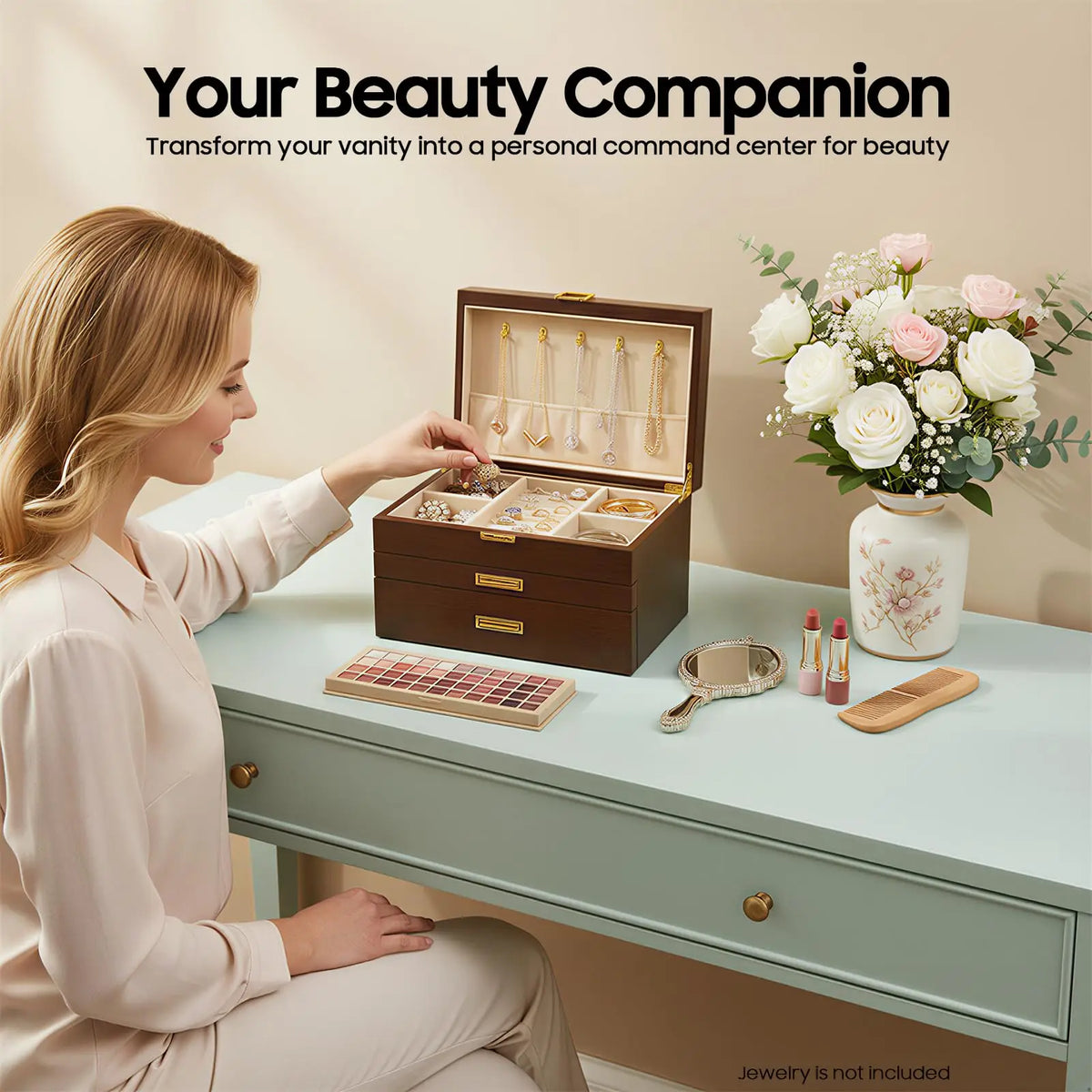 Three-Tier Wooden Jewelry Box with Drawers, Women's Ring, Necklace, Earring, and Bracelet Organizer Display Box (Black Walnut)