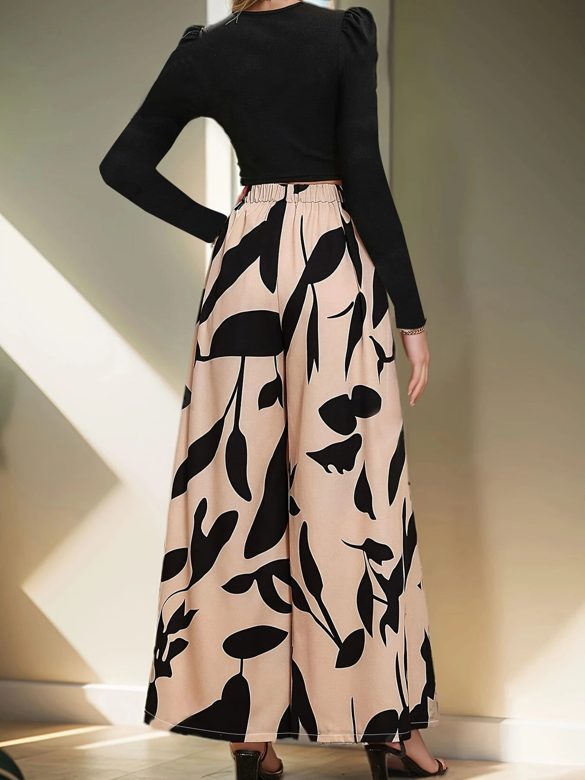 Women's High Waist Floral Print Wide-Leg Pants Loose Casual Long Pants Elegant Office Streetwear