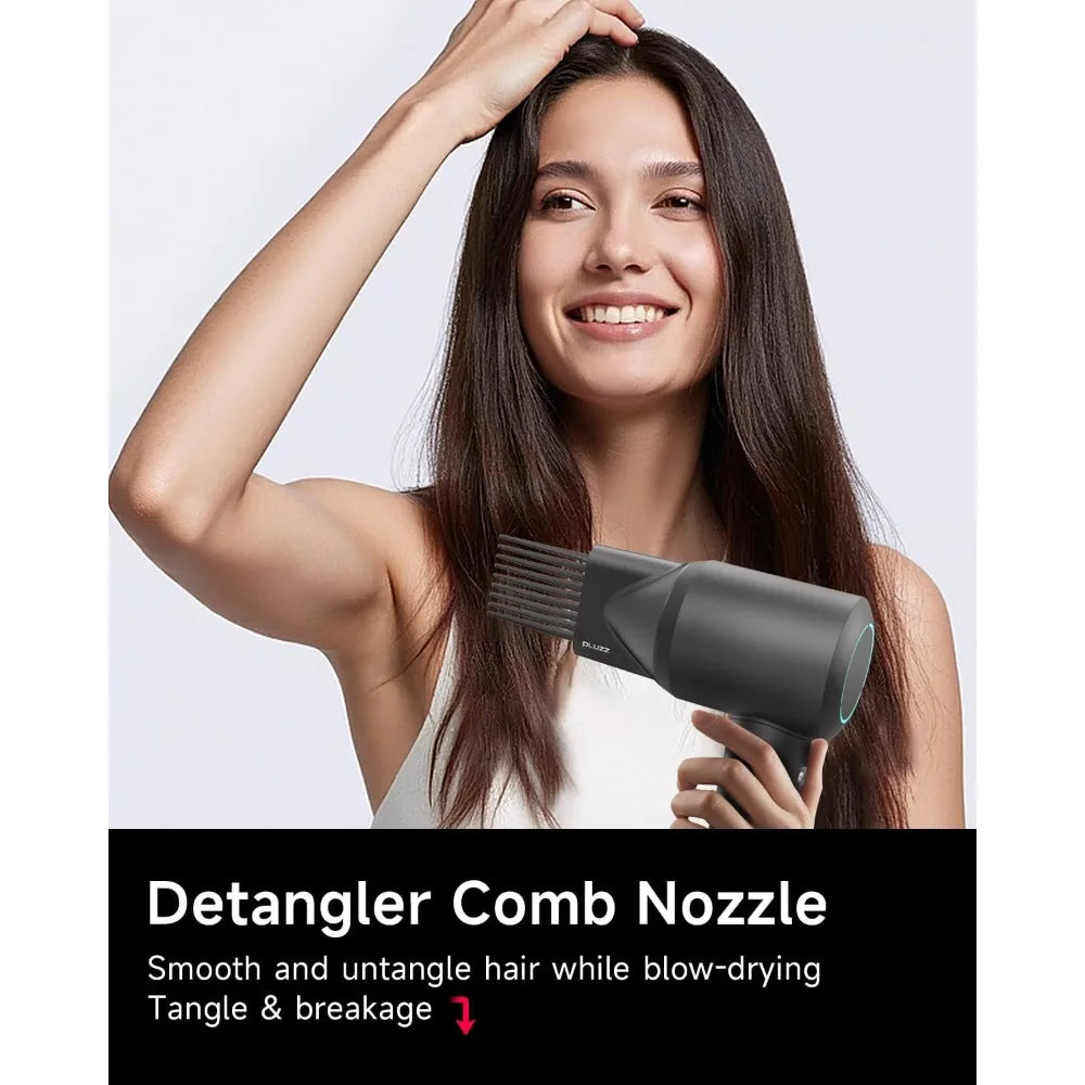 Hair Dryer with Comb & Diffuser Attachment for Curly Hair, PLUZZ 200M Negative Ionic Blow Dryer Brush