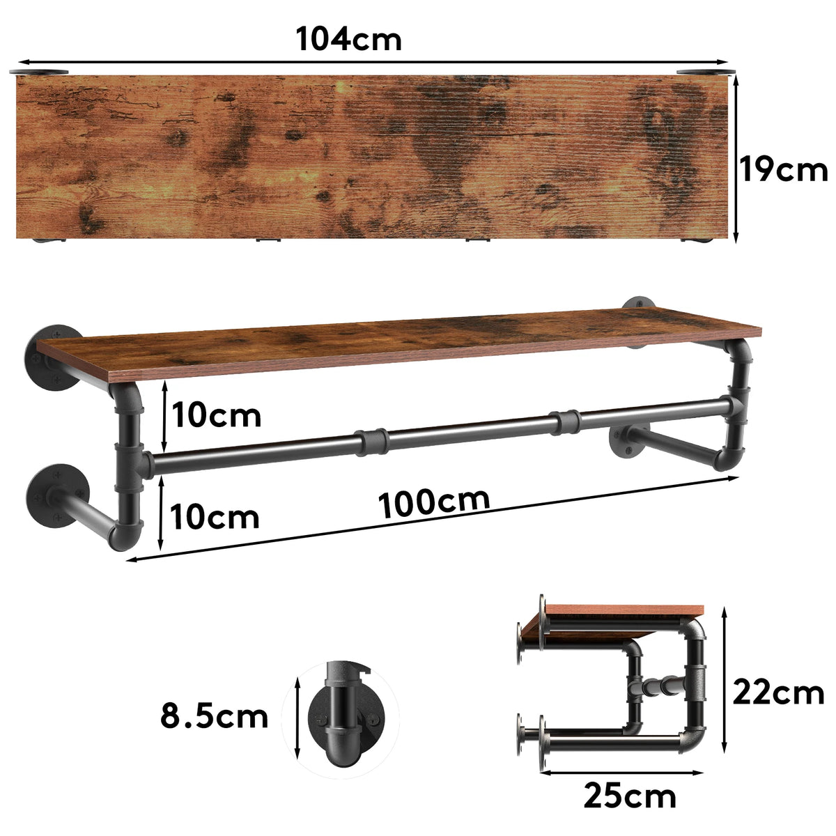 100cm Metal Pipe Clothes Rail Wall Mounted Garment Hanging Rack Wardorbe with Wood Shelf Space Saving for Bedroom Closet Rack