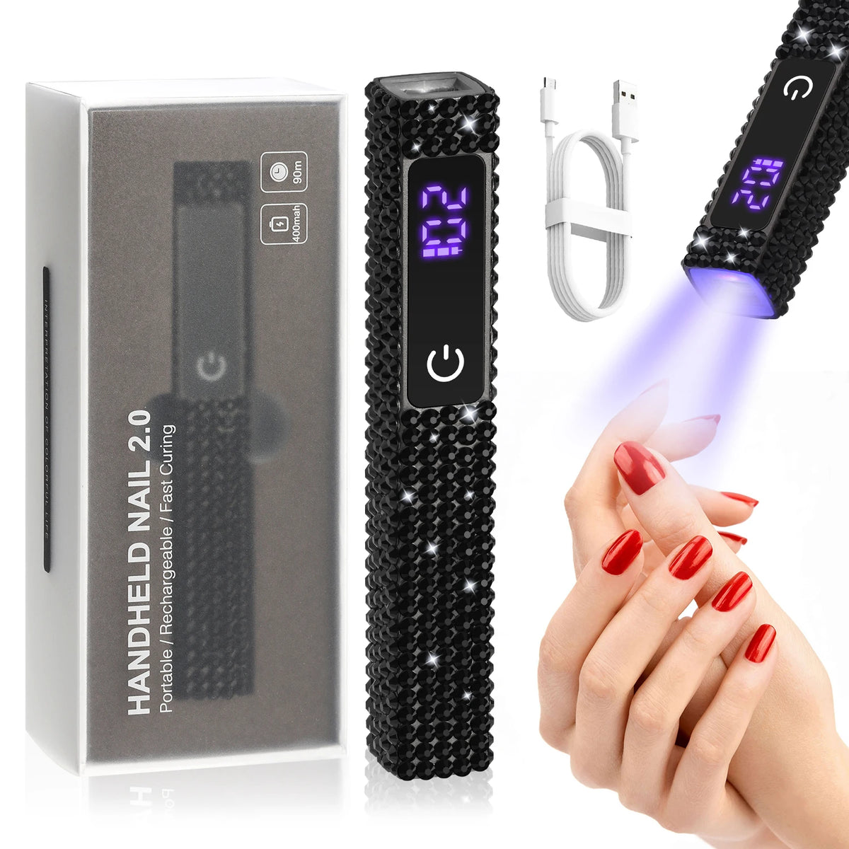 Handheld Mini  UV LED Nail Lamp With Diamonds Portable Nail Dryer Rechargeable 2-Timer Gel Curing Tool for On-the-Go Manicures