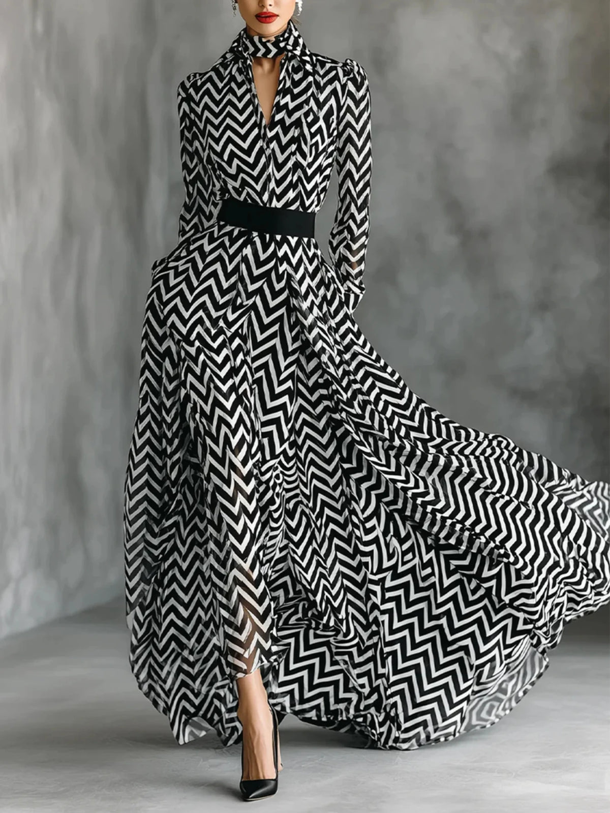 Chevron Print Stand Collar Maxi Dress For Women Long Puff Sleeve Self Belt Waist Side Pockets Flowy Hem Formal Party Shirt Dress