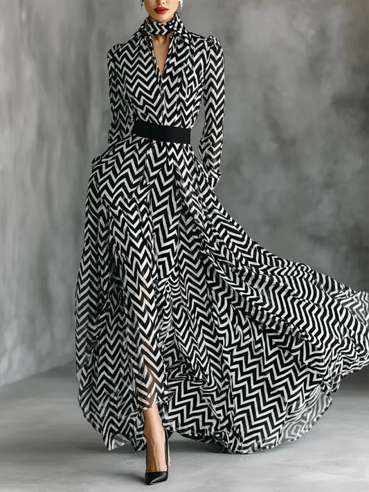 Chevron Print Stand Collar Maxi Dress For Women Long Puff Sleeve Self Belt Waist Side Pockets Flowy Hem Formal Party Shirt Dress