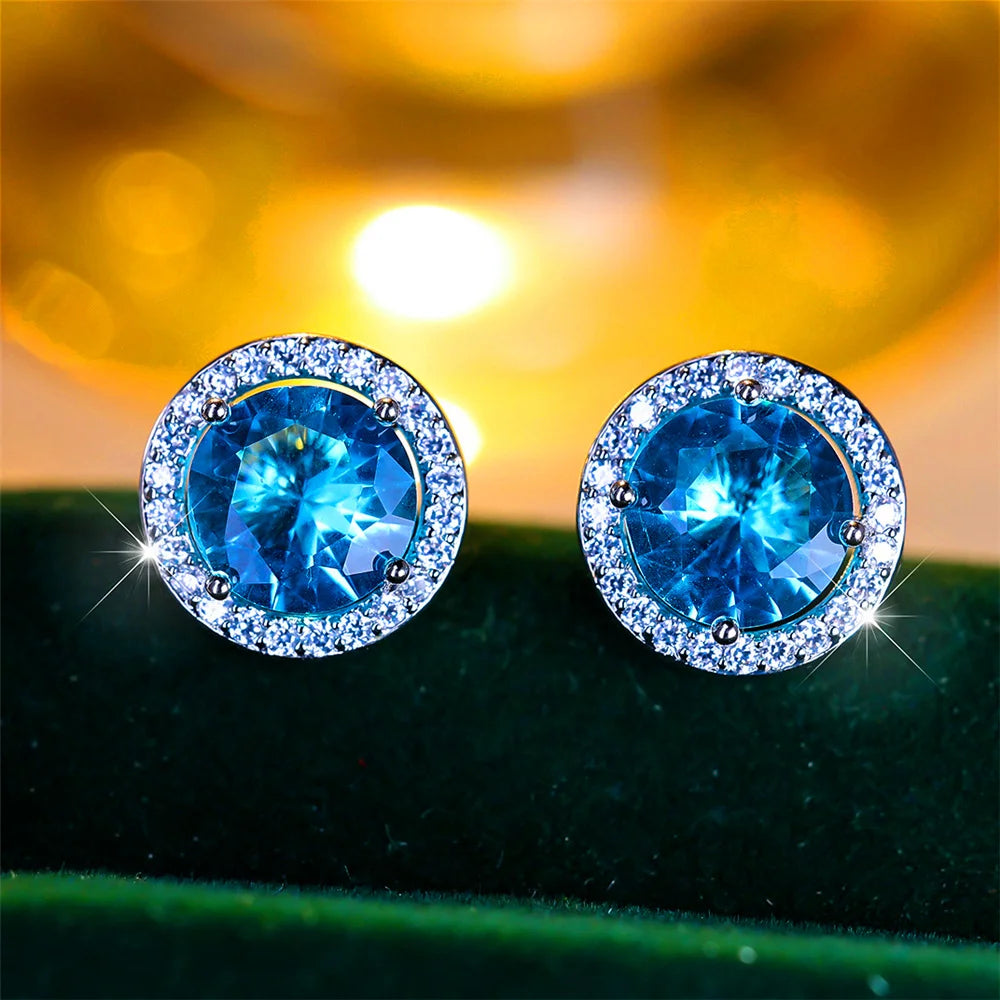 Luxury Female Crystal Purple Blue Green Round Stud Earrings Silver Color Wedding Jewelry For Women