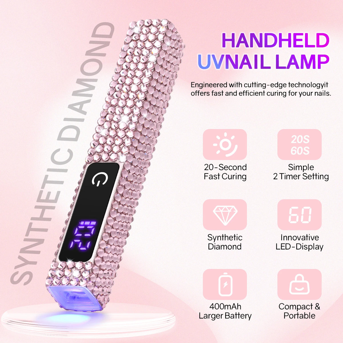 Handheld Mini  UV LED Nail Lamp With Diamonds Portable Nail Dryer Rechargeable 2-Timer Gel Curing Tool for On-the-Go Manicures