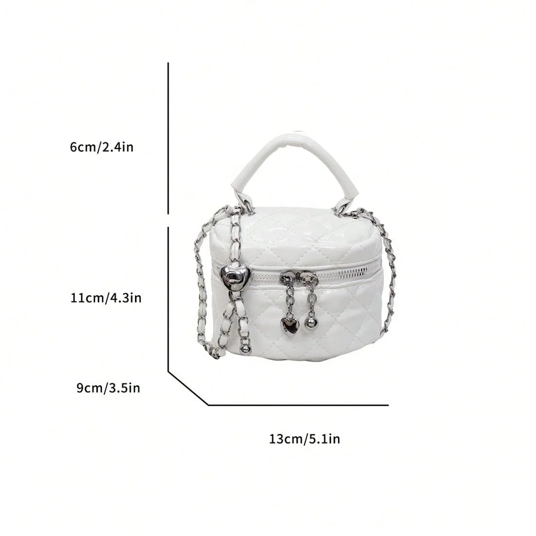 Mini Box Crossbody Bag, Silver Quilted Metallic Purse with Chain Strap, Top Handle & Heart Charm, Women's Evening Clutch