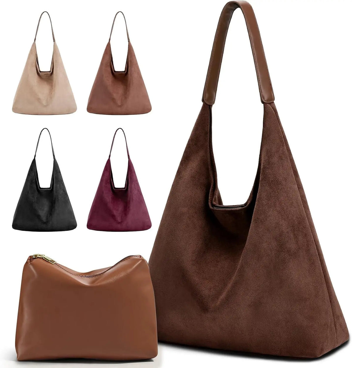 Suede Tote Bag for Woman Vintage Large Capacity with Zippered Cosmetic Organizer, Slochy Hobo Tote Bag, Underarm Bag