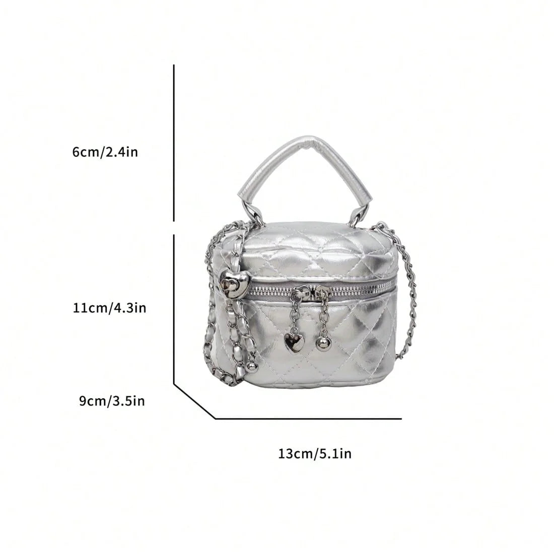 Mini Box Crossbody Bag, Silver Quilted Metallic Purse with Chain Strap, Top Handle & Heart Charm, Women's Evening Clutch