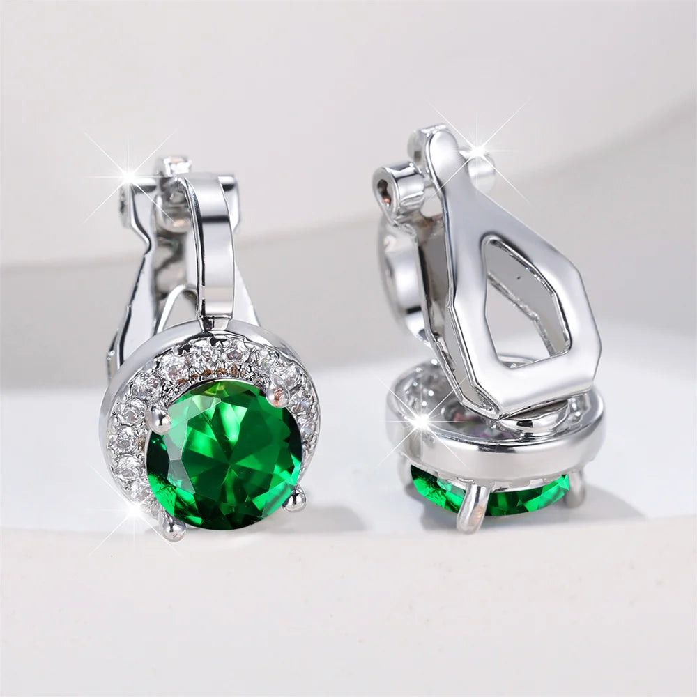 Mystic Rainbow Crystal Round Stone Clip Earrings For Women Rose Gold Silver Color Multicolor Zircon Jewelry Simple Fashion Gifts