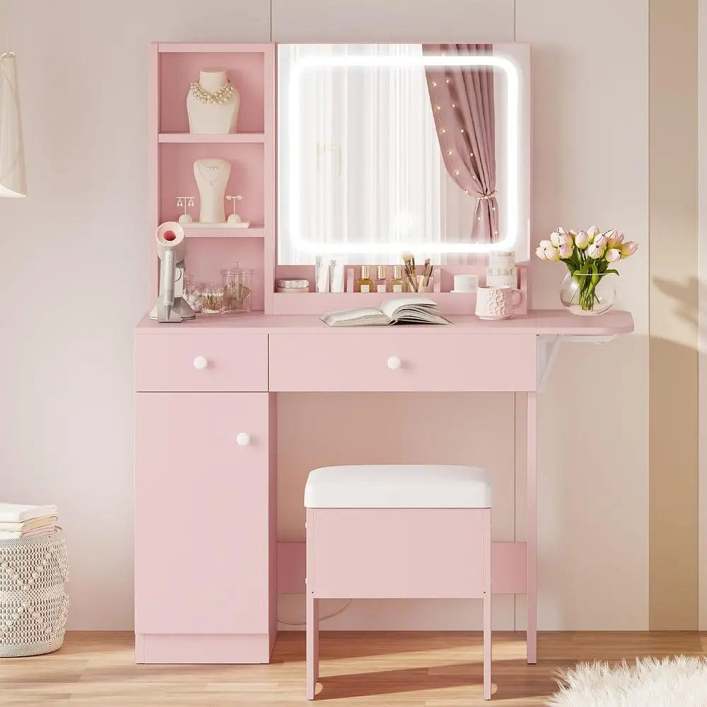 IRONCK Vanity Desk with Charging Station or Bedroom and Dring Room | LED Lights, Ders, Mirror, Storage, Der space