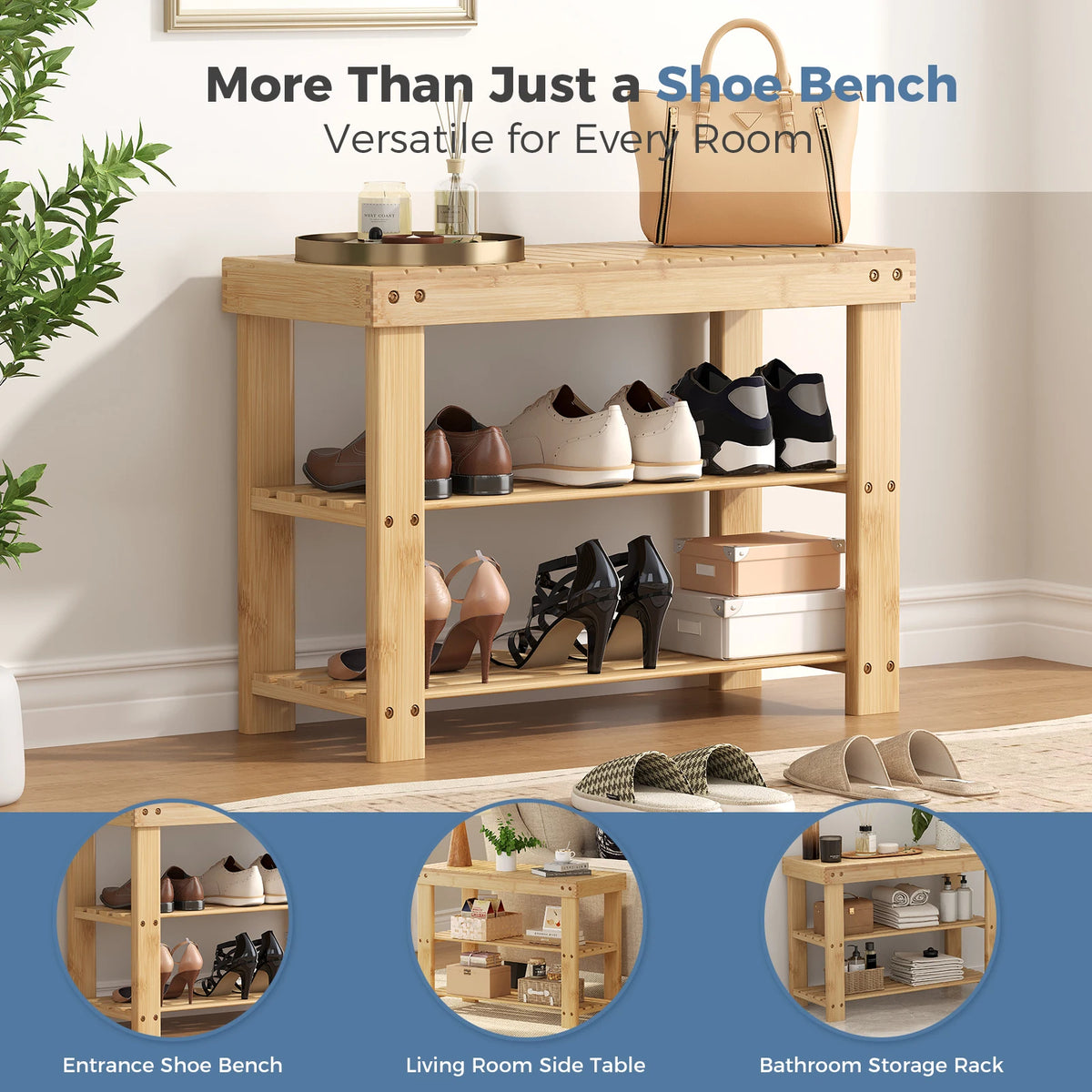 MCQ 3 Tier Wood Shoe Cabinet 27 Inches Bamboo Shoe Rack Storage Bench for Entryway 286 LBS Capacity For Entrance Living Room Bedroom