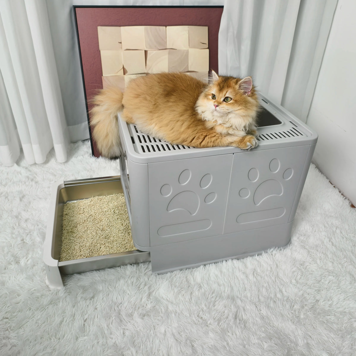 Large Stainless Steel Cat Litter Box Front Entry and Top Exit Toilet Box with Lid Scoop Pet Litter Tray for Kittens Easy Cleaning