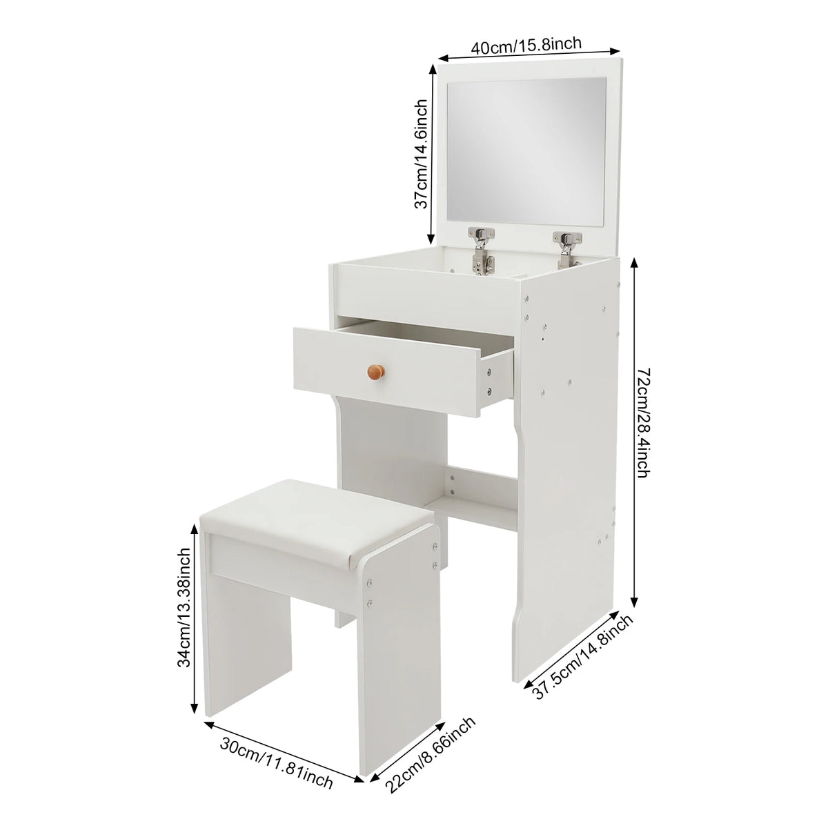 Vanity Dressing Table with Mirror and Stool 15.8" White Compact Storage Desk for Bedroom Dormitory Studio Apartment