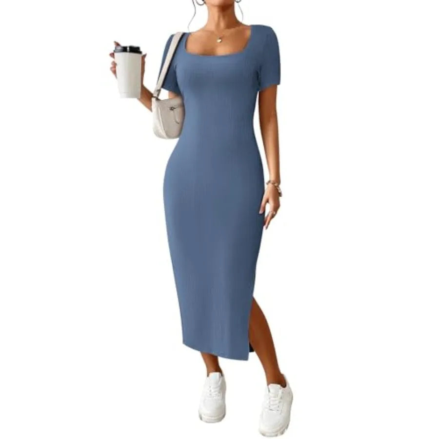 Casual Dresses for Women 2026 Summer Ribbed Short Sleeve Bodycon Maxi Dress Side Slit Knit Square Neck Long Sundress
