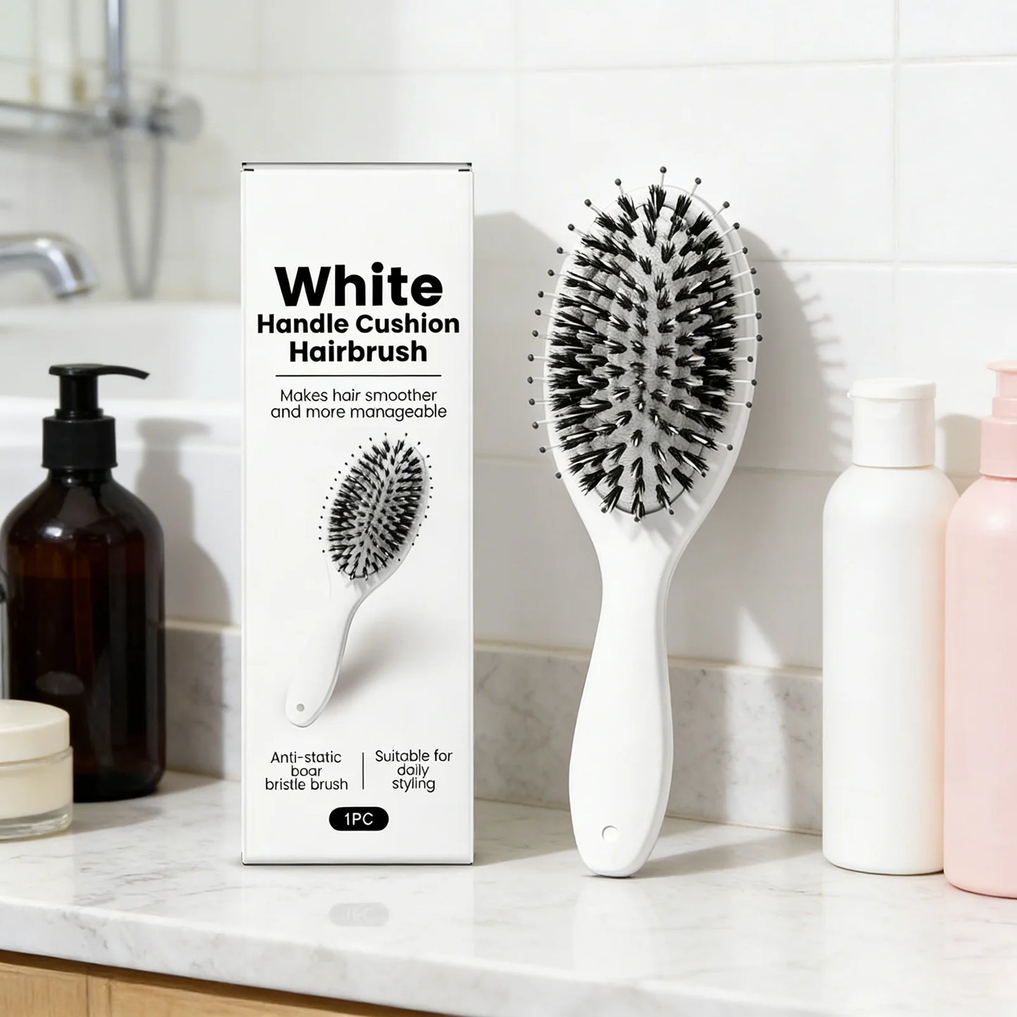 Cushion Hair Brush White Boar Bristles Detangling Anti-Frizz & Scalp Massage Salon Styling Tool for Curly Straight Dry&Wet Hair