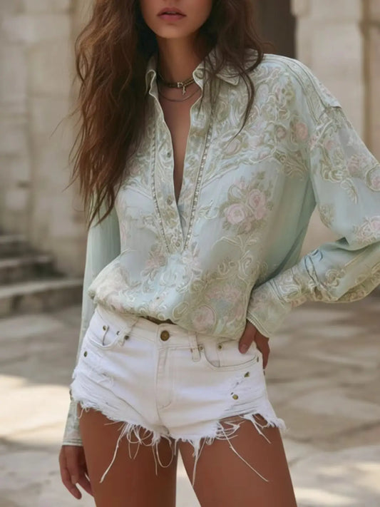 Women Lapel Collar Long Sleeve Loose‑Fit Floral Print Shirt Casual V Neck Pullover Top For Daily Outdoor Vacation Street‑Wear 
Wendy~