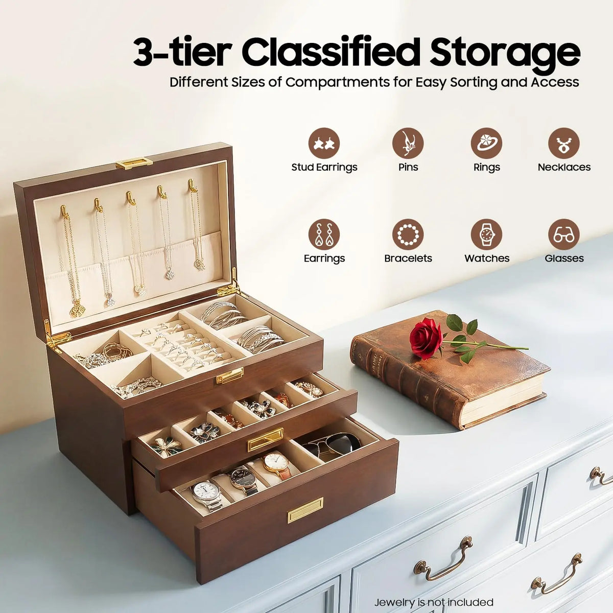 Three-Tier Wooden Jewelry Box with Drawers, Women's Ring, Necklace, Earring, and Bracelet Organizer Display Box (Black Walnut)