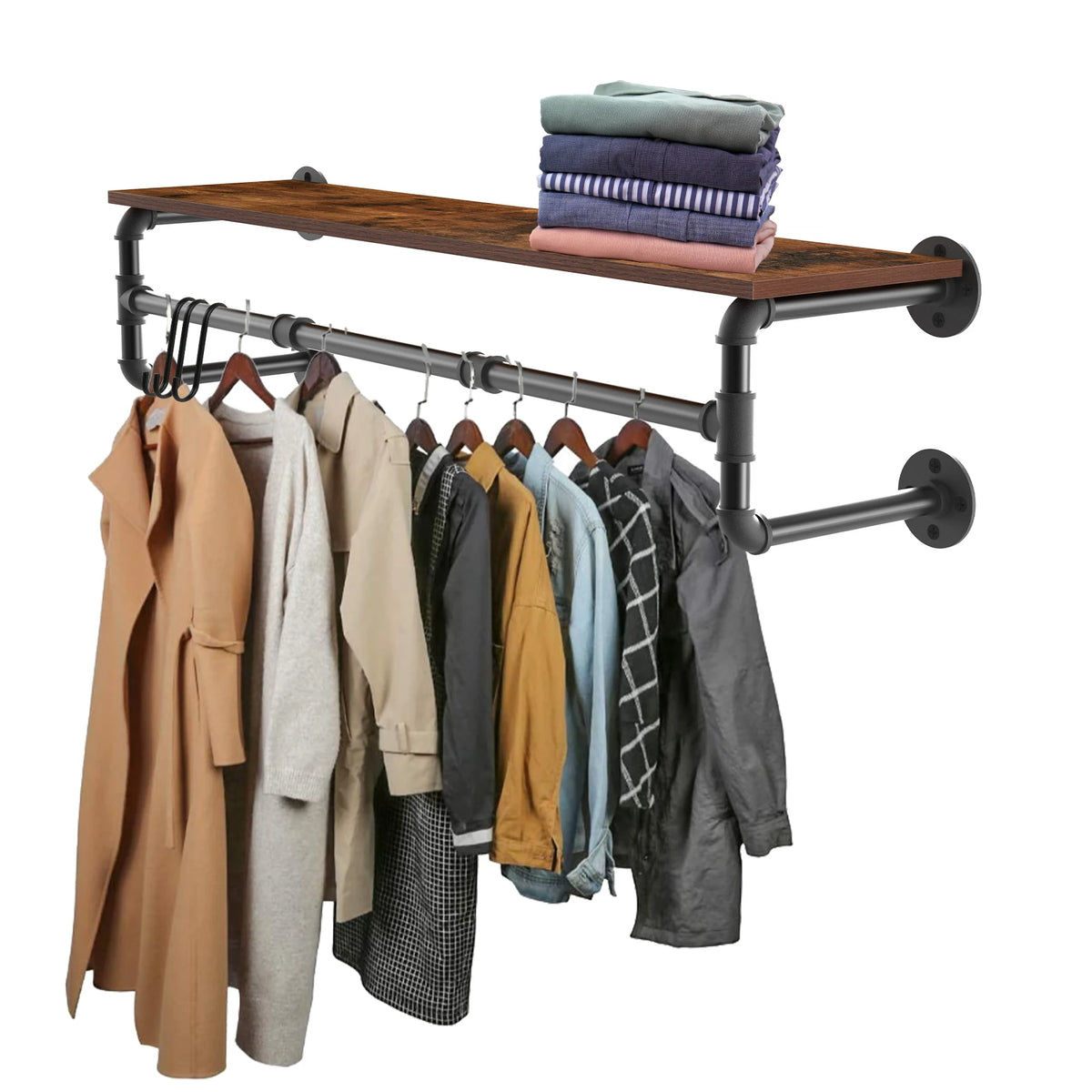 100cm Metal Pipe Clothes Rail Wall Mounted Garment Hanging Rack Wardorbe with Wood Shelf Space Saving for Bedroom Closet Rack