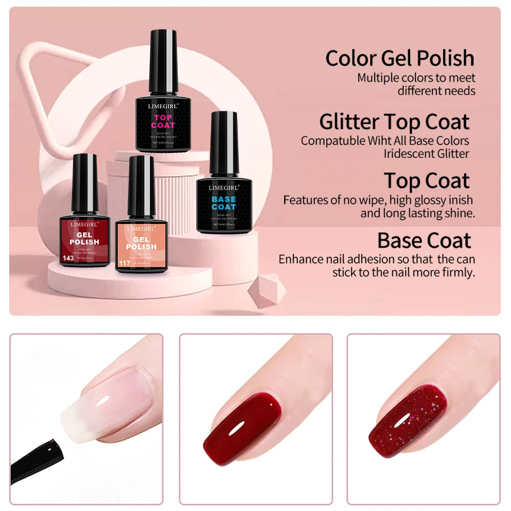 LIMEGIRL Nail Gel Polish Kit 10PCS Glitter Art Gel with Base Coat Top Coat and Quick Drying UV Lamp for Manicure Salon Supplies Tools