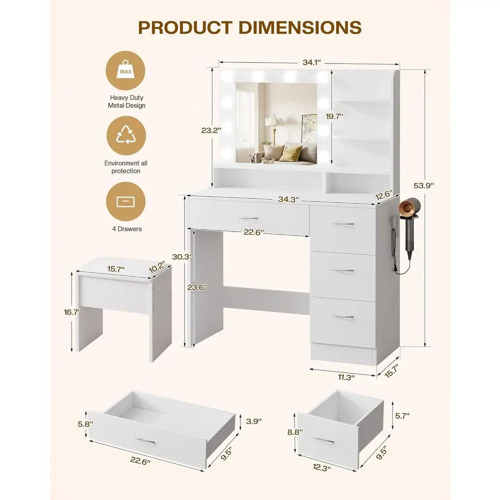 LIVELYGLOW White Makeup Vanity Desk with Charging Station & 4 Ders | 10 LED Bulbs, HD Mirror, Cushioned Stool, Hairdryer Rack