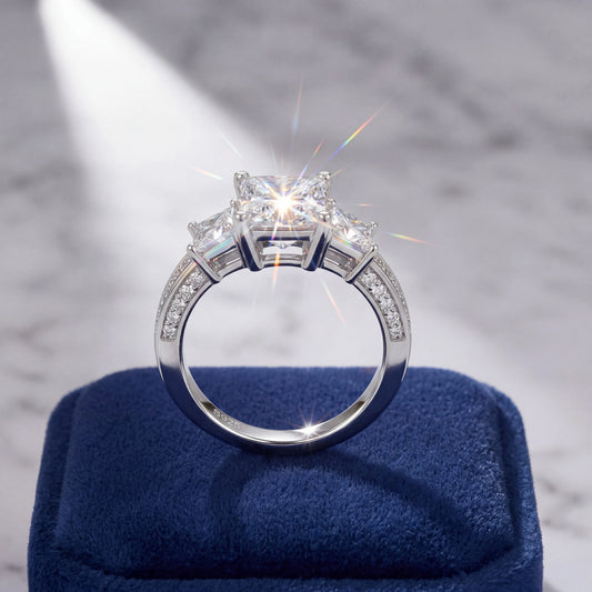 Princess Cut Three Stone Moissanite Ring, S925 Silver, D Color VVS1, 3ct, Hip Hop, Unisex, Passes Diamond Tester