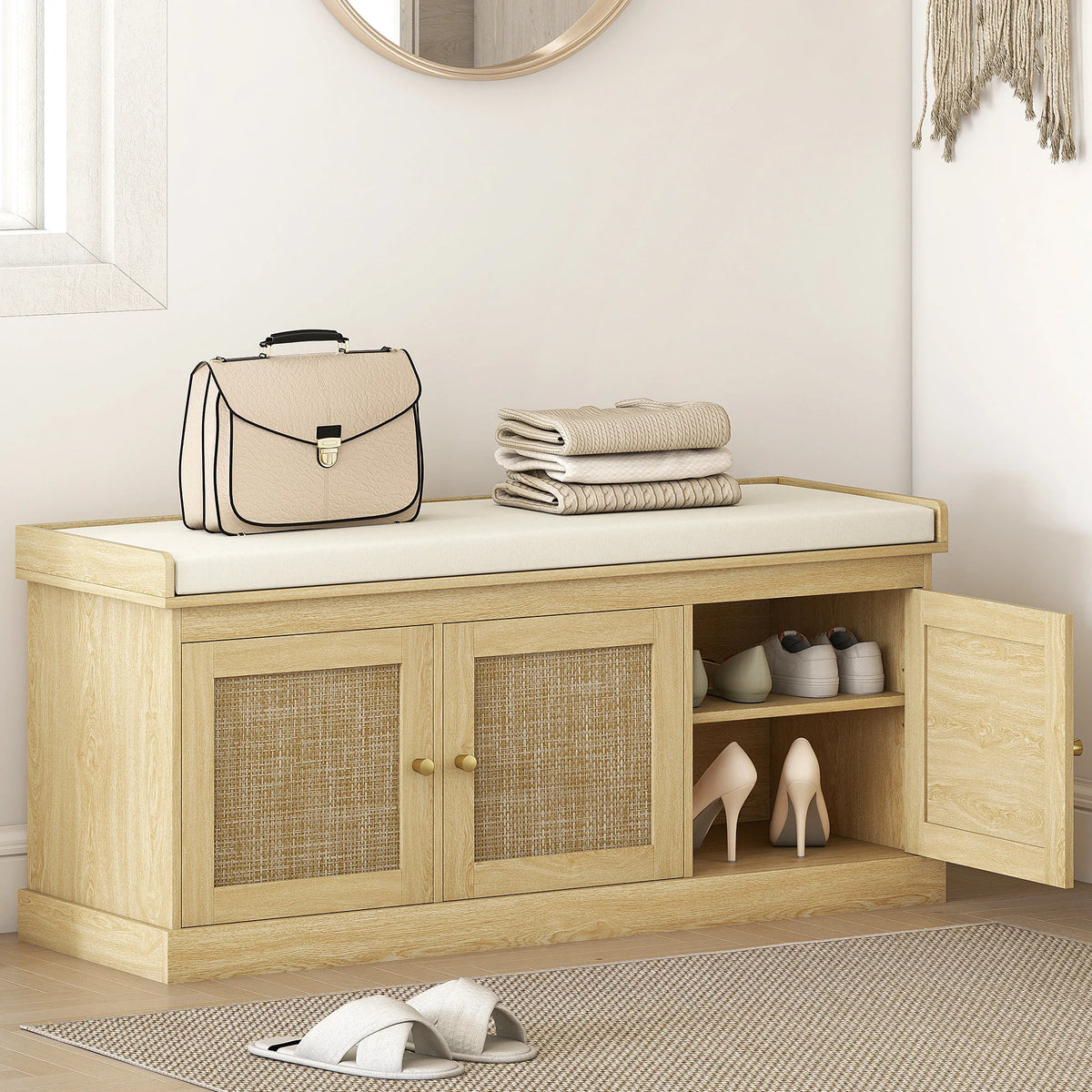 HOMCOM Shoe Bench with Woven Rattan Doors, Shoe Storage Bench with Cushion, Adjustable Shelves for 9 Pairs, Boho Style Entryway Bench for Bedroom, Living Room, 13.8 x 41.3 x 18.5 Inches, Oak Tone