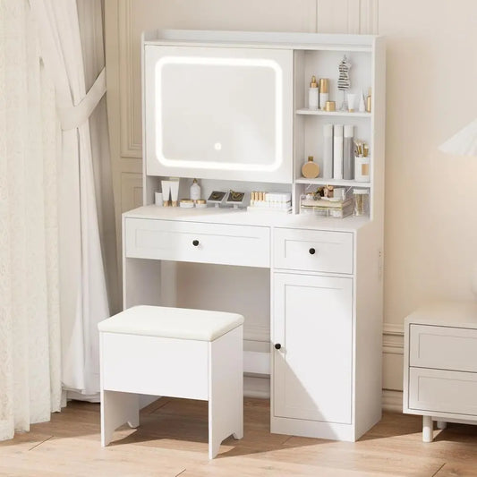 Vanity Table with Hidden Storage & LED Mirror - Includes Padded Stool, 5 Comparents, 2 Ders & 1 Storage Cabinet - Ideal Bedroom