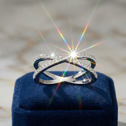 Moissanite Ring, 925 Sterling Silver, D Color VVS1, X-Shape Crossover Design, Unisex Stackable, Couple Ring, Certificate Quality,Luxury Sparkling Anniversary Fine Jewelry Gifts for Wife Women Girls Friends