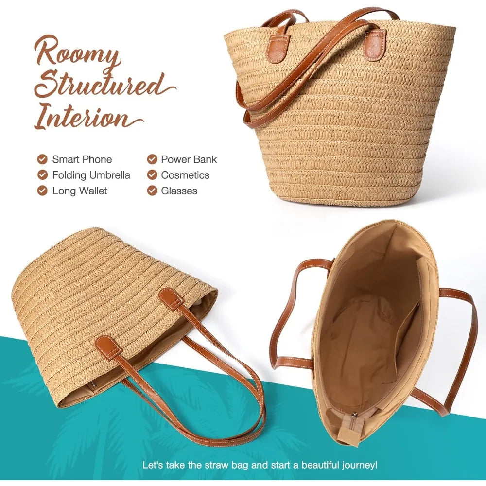Straw Bags for Women Summer Straw Beach Bag Straw Purse Shoulder Handbags Large Beach Tote for Summer Vacation