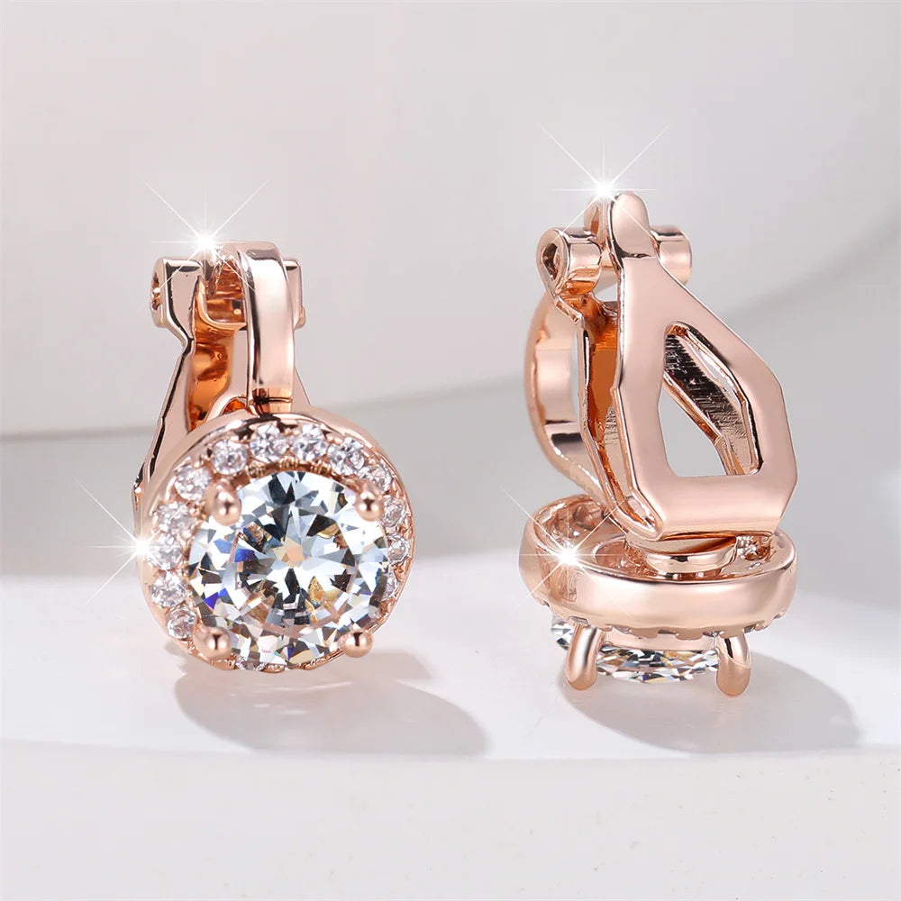 Mystic Rainbow Crystal Round Stone Clip Earrings For Women Rose Gold Silver Color Multicolor Zircon Jewelry Simple Fashion Gifts
