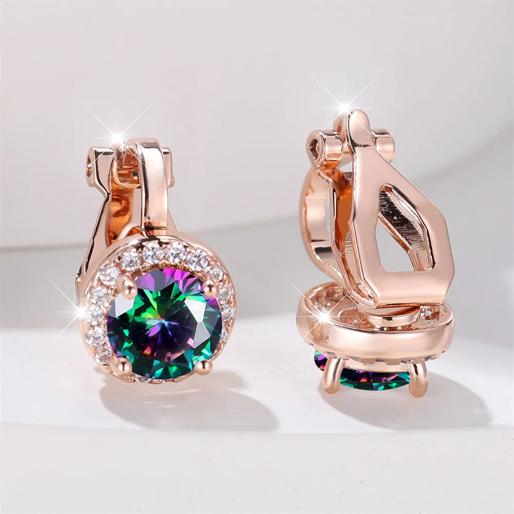 Mystic Rainbow Crystal Round Stone Clip Earrings For Women Rose Gold Silver Color Multicolor Zircon Jewelry Simple Fashion Gifts