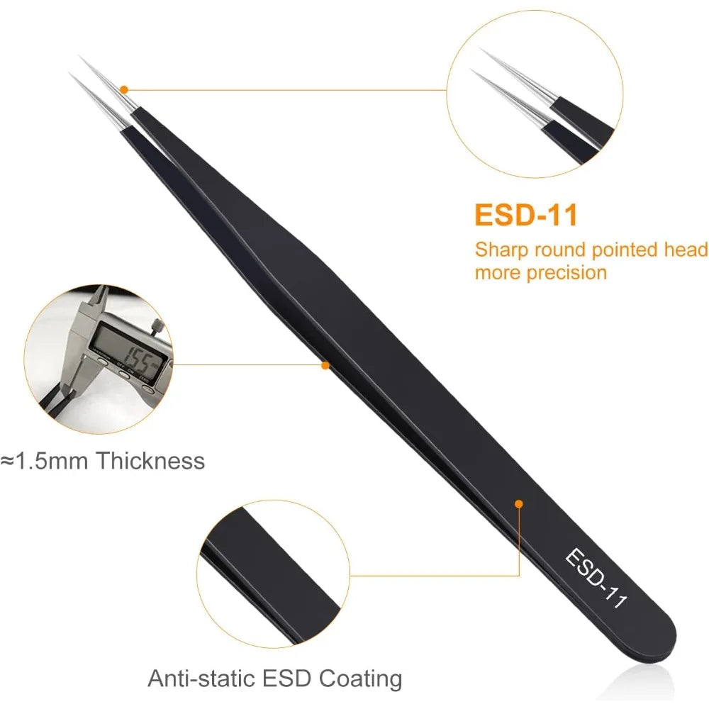 Professional Anti Static Tweezers Set of 3 Stainless Steel Precision Tools for Electronics Repair Soldering Jewelry Making Lab and Craft Projects