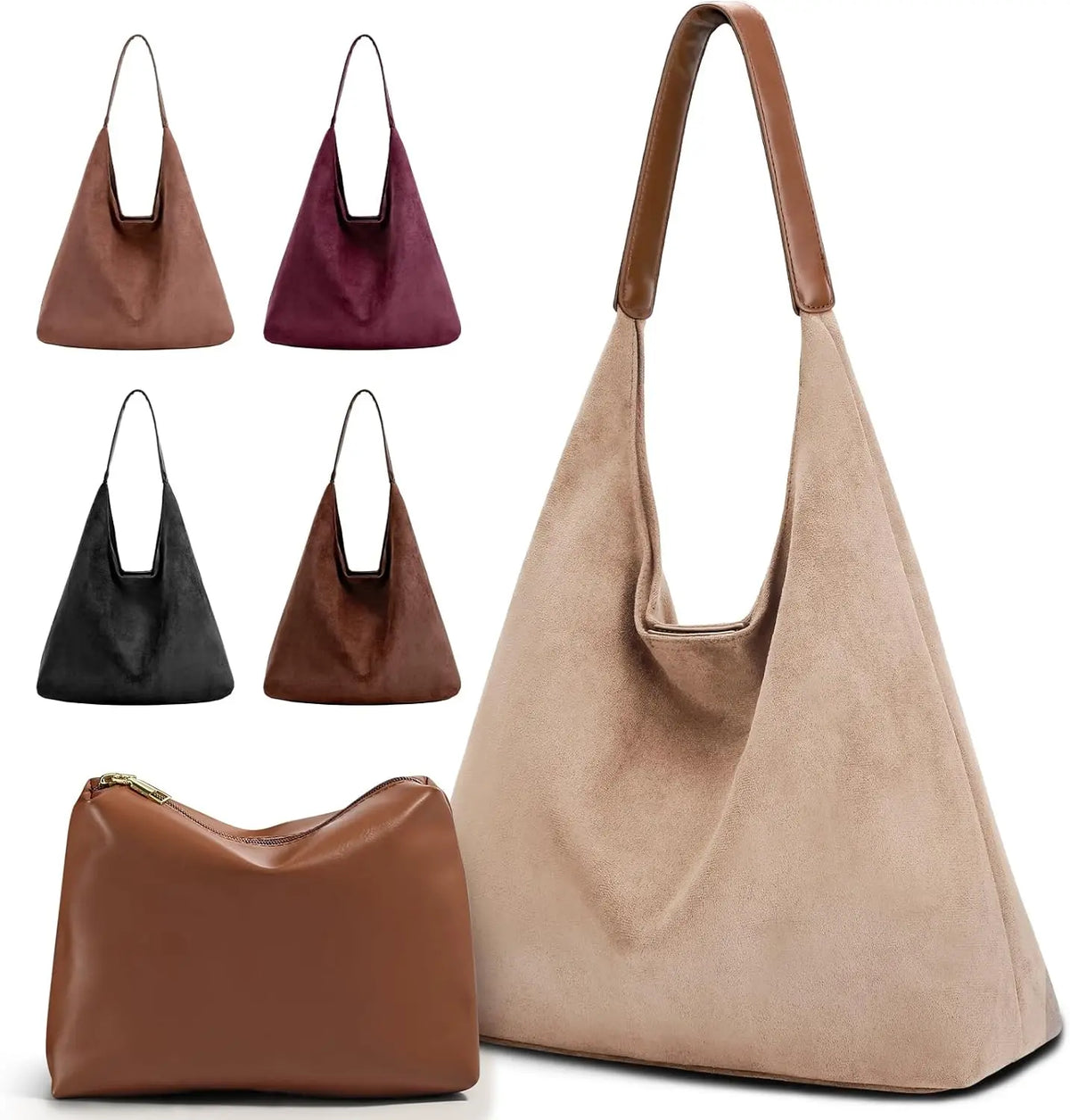 Suede Tote Bag for Woman Vintage Large Capacity with Zippered Cosmetic Organizer, Slochy Hobo Tote Bag, Underarm Bag