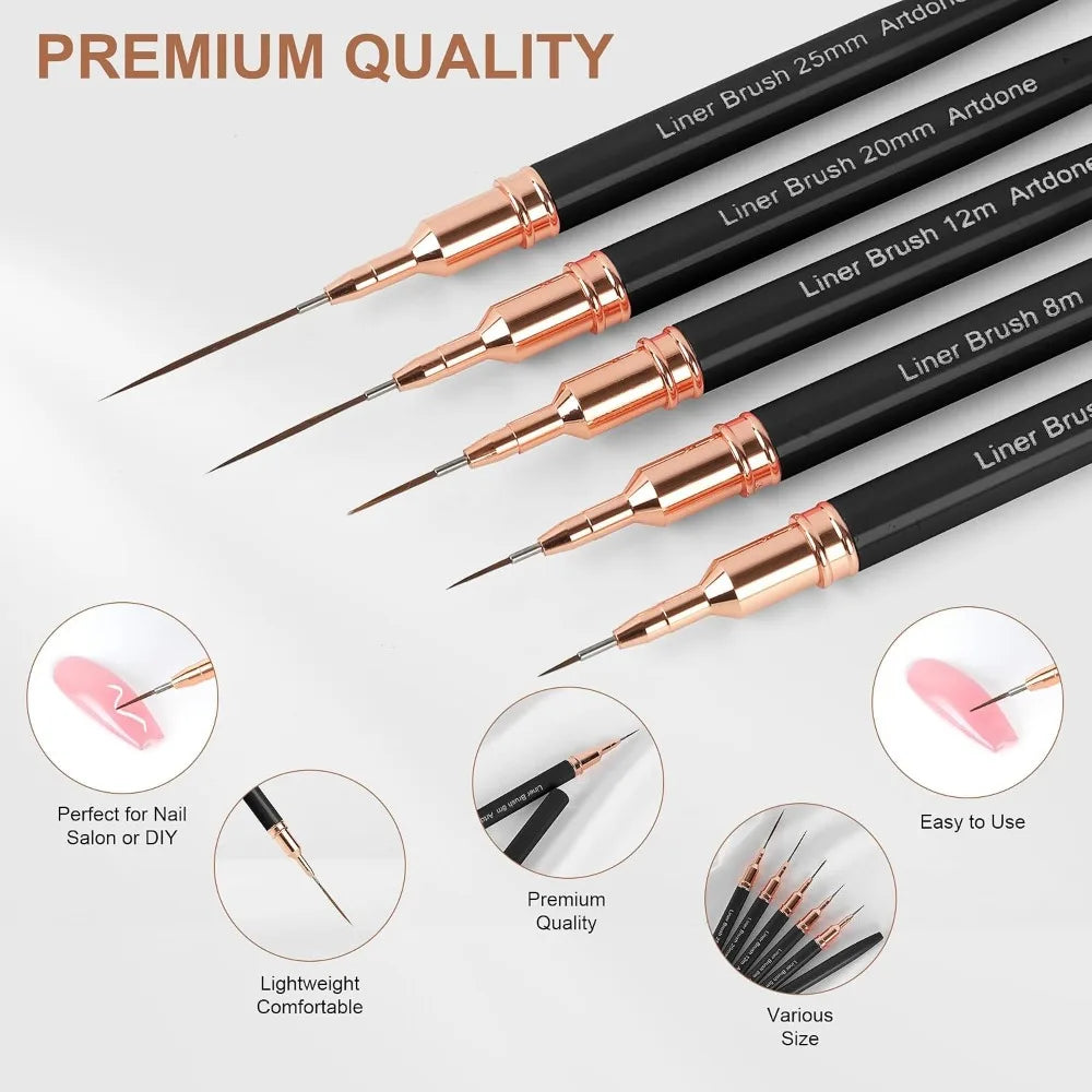 5PCS Nail Art Liner Brush Set Metallic Painting Pens for Long Lines Thin Details Fine Drawing UV Gel Polish Nail Design Tool Kit 5 8 12 20 25mm Sizes
