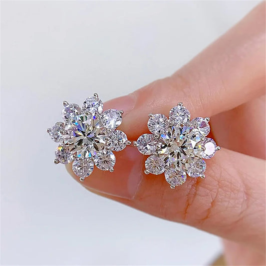 Cute Female Stone White Zircon Snowflake Stud Earrings Silver Color Wedding Jewelry For Women