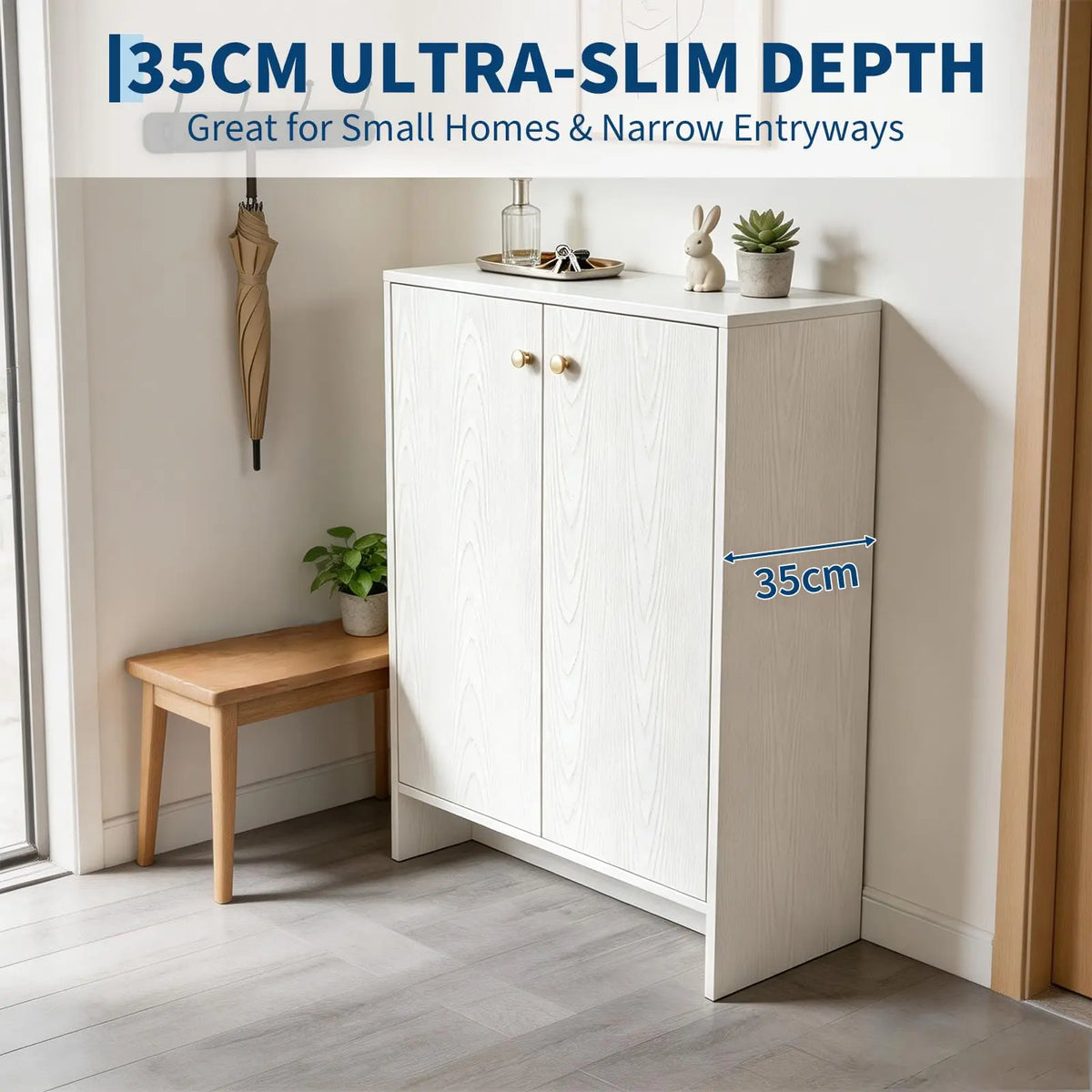 White Shoe Cabinet With Double Doors, Slim 5 Tier Freestanding Shoe Storage Organizer With Waterproof Surface For Entryway Hallway