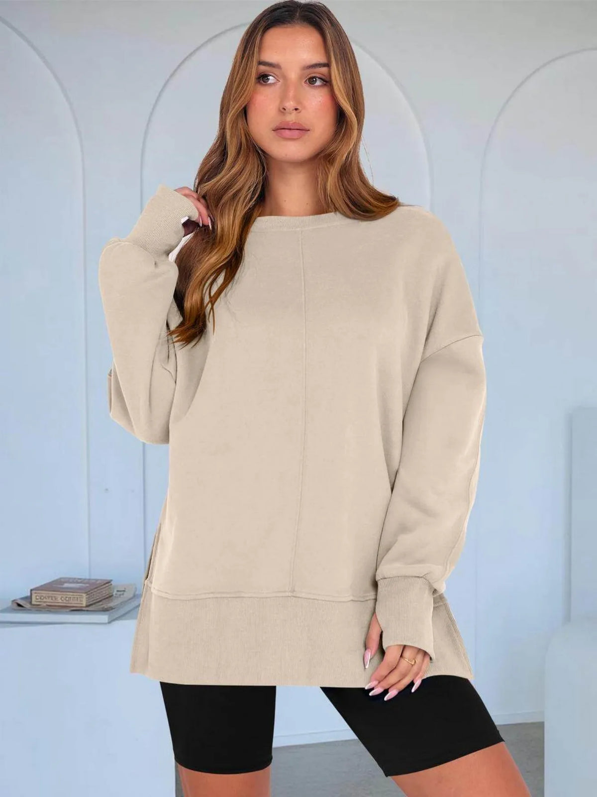 Women Crew Neck Long Sleeve Drop Shoulder Side Slit Loose Oversized Sweatshirt Casual Daily Going Out Top